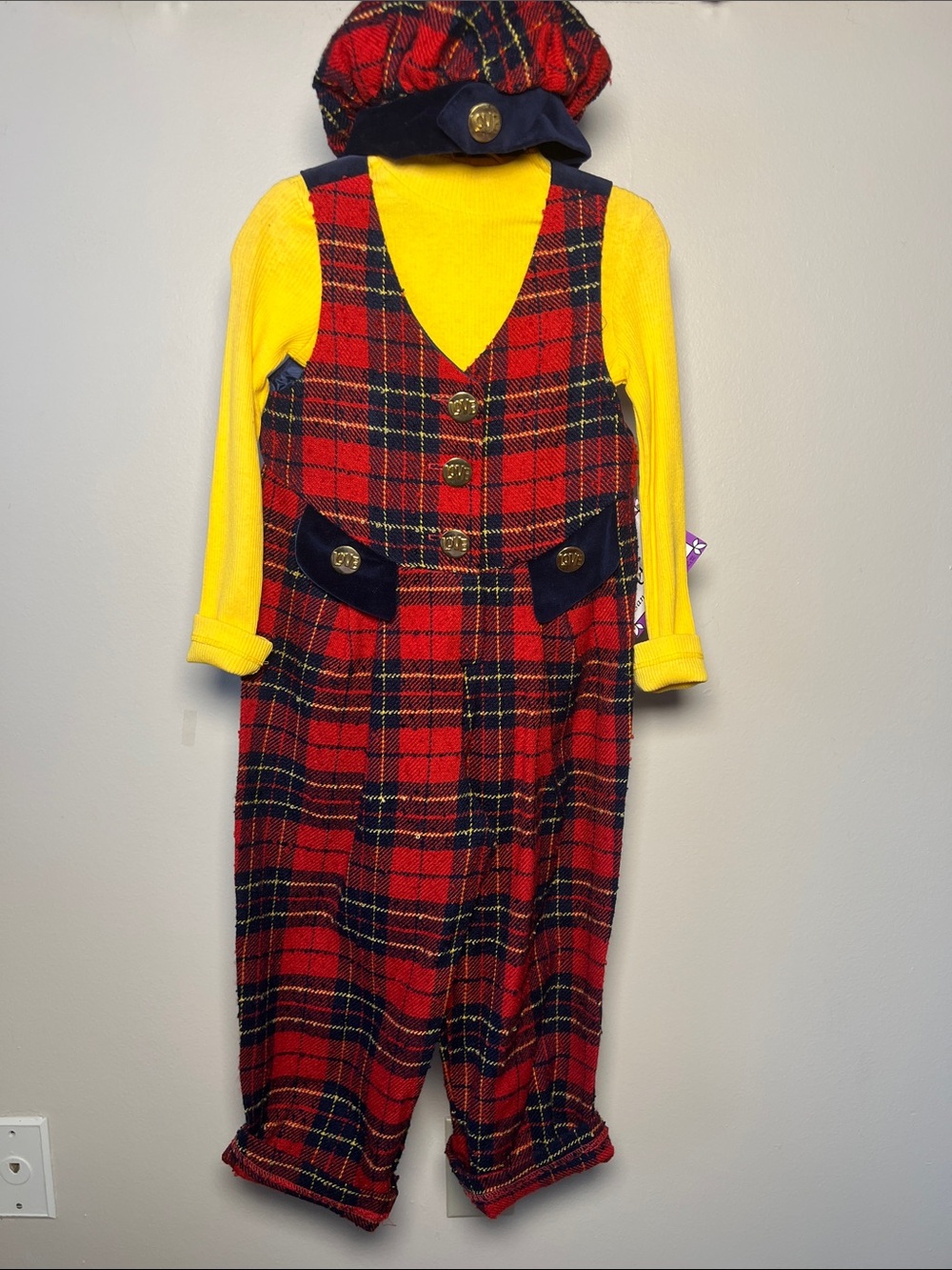 Kids Rad Vintage Plaid Red & Navy Jumpsuit with Yellow Top And Matching Hat